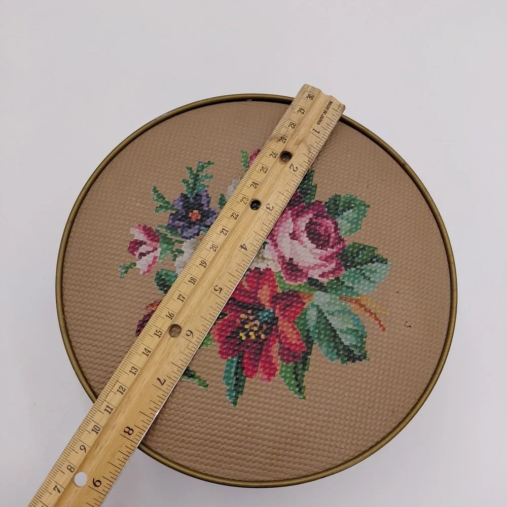 Vtg 80s Guildcraft Round Tin Cover Embossed Needlepoint Look Floral Cottage‎ USA